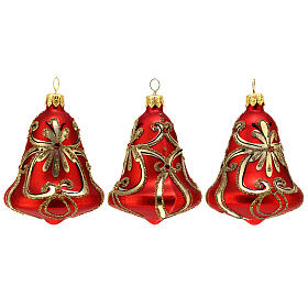 Set of 3 bell-shaped red Christmas balls of blown glass, 4x3 in