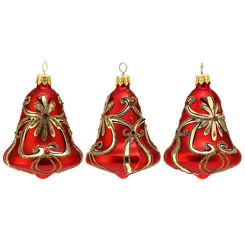 Set of 3 bell-shaped red Christmas balls of blown glass, 4x3 in 1