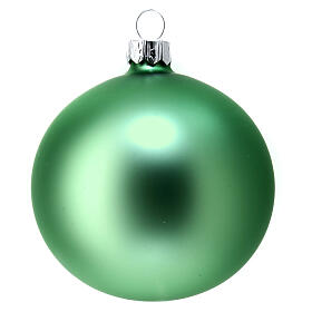 Set of 9 green Christmas balls, glossy and matt, blown glass, 0.3 in