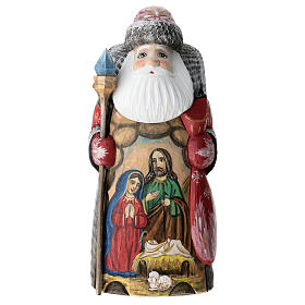 Red Ded Moroz with Holy Family and staff, carved wood, 9 in
