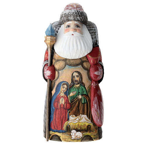 Red Ded Moroz with Holy Family and staff, carved wood, 9 in 1