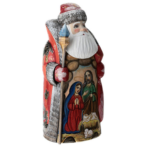 Red Ded Moroz with Holy Family and staff, carved wood, 9 in 3