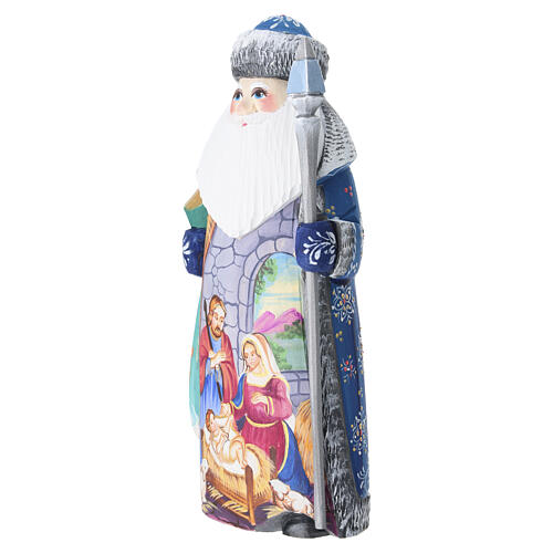 Red Ded Moroz with Holy Family and staff, carved wood, 9 in 2
