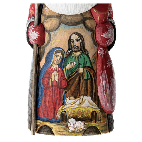 Ded Moroz vermelho com bastão e desenho Sagrada Família madeira pintada 22 cm 2
