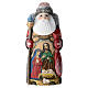 Ded Moroz vermelho com bastão e desenho Sagrada Família madeira pintada 22 cm s1