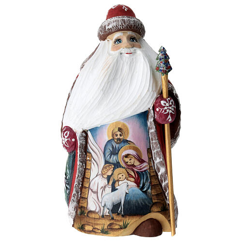 Ded Moroz with Holy Family, red coat, carved wood, 9 in 1