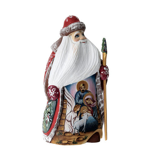 Ded Moroz with Holy Family, red coat, carved wood, 9 in 3