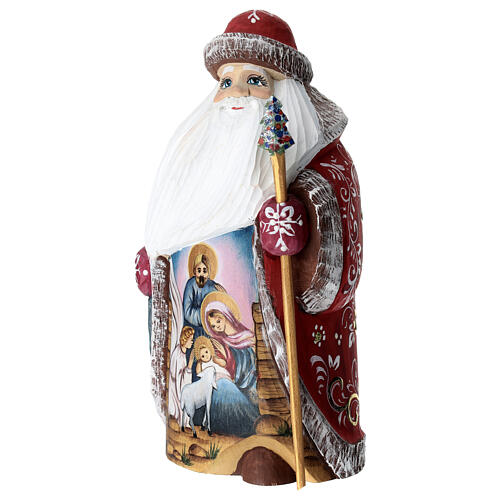 Ded Moroz with Holy Family, red coat, carved wood, 9 in 4