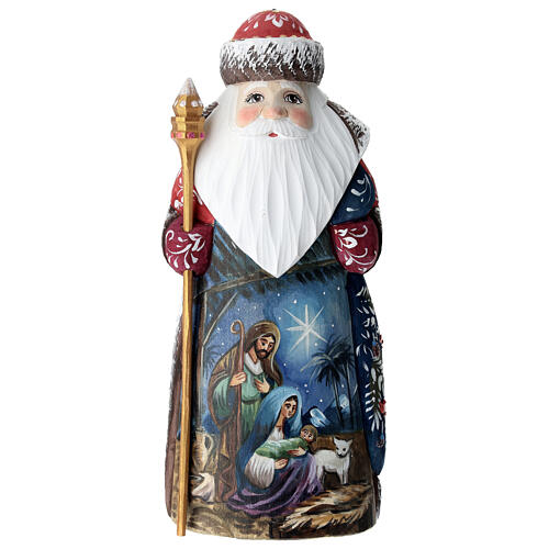 Ded Moroz with Nativity Scene, red coat, carved wood, 9 in 1