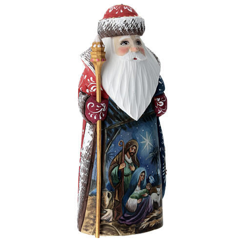 Ded Moroz with Nativity Scene, red coat, carved wood, 9 in 3