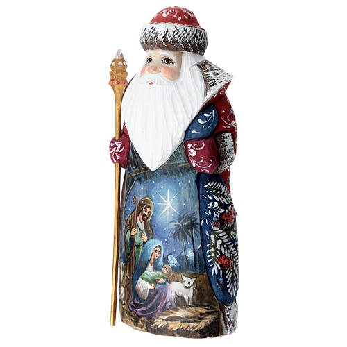 Ded Moroz with Nativity Scene, red coat, carved wood, 9 in 4