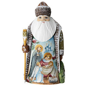 Green Ded Moroz with Holy Family, carved wood, 9 in