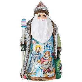 Brown Ded Moroz with Holy Family, carved wood, 9 in