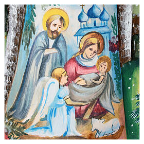 Brown Ded Moroz with Holy Family, carved wood, 9 in