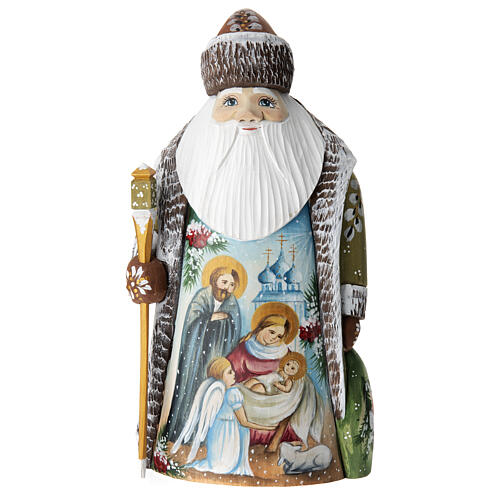 Green Ded Moroz with Holy Family, carved wood, 9 in 1