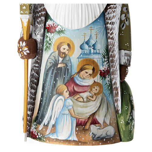 Green Ded Moroz with Holy Family, carved wood, 9 in 2