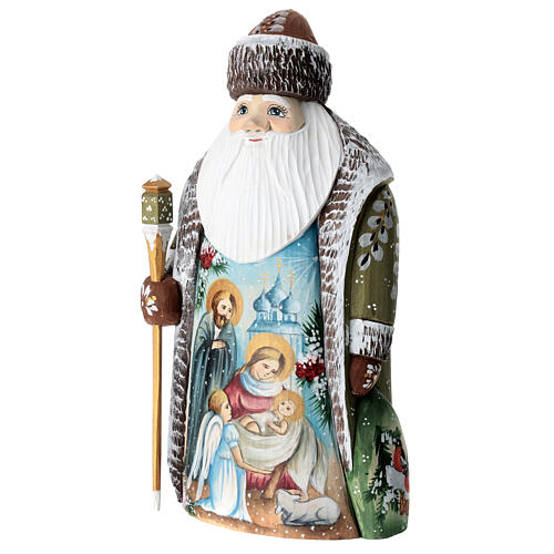 Green Ded Moroz with Holy Family, carved wood, 9 in 4