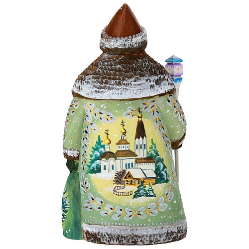 Brown Ded Moroz with Holy Family, carved wood, 9 in 5