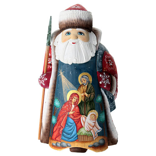 Red Ded Moroz with Nativity Scene, wooden figurine, 9 in 1