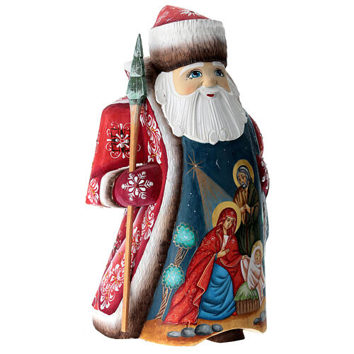 Red Ded Moroz with Nativity Scene, wooden figurine, 9 in 3