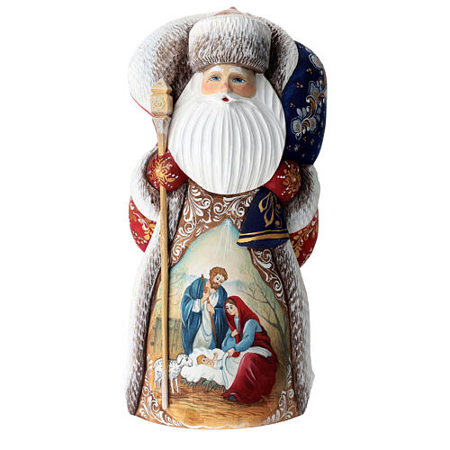 Red Ded Moroz with Holy Family and blue sack, carved wood, 12 in 1