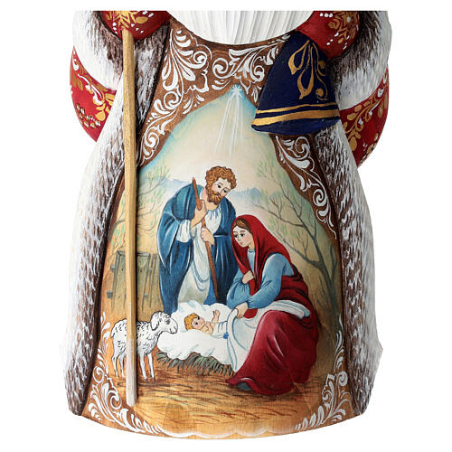 Red Ded Moroz with Holy Family and blue sack, carved wood, 12 in 2