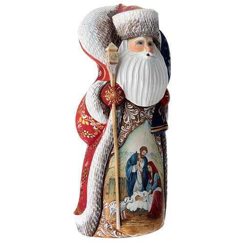 Red Ded Moroz with Holy Family and blue sack, carved wood, 12 in 3