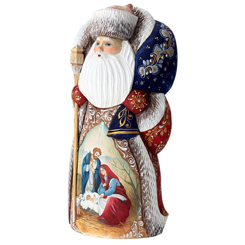 Red Ded Moroz with Holy Family and blue sack, carved wood, 12 in 4