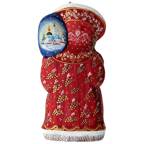 Red Ded Moroz with Holy Family and blue sack, carved wood, 12 in 5