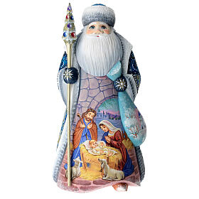 Blue Ded Moroz with Nativity Scene, carved wood, 12 in