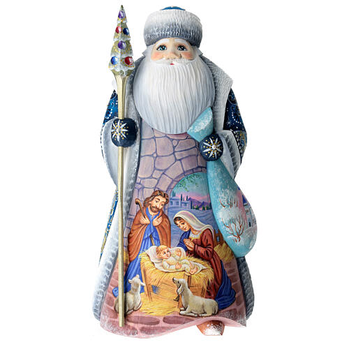 Blue Ded Moroz with Nativity Scene, carved wood, 12 in 1