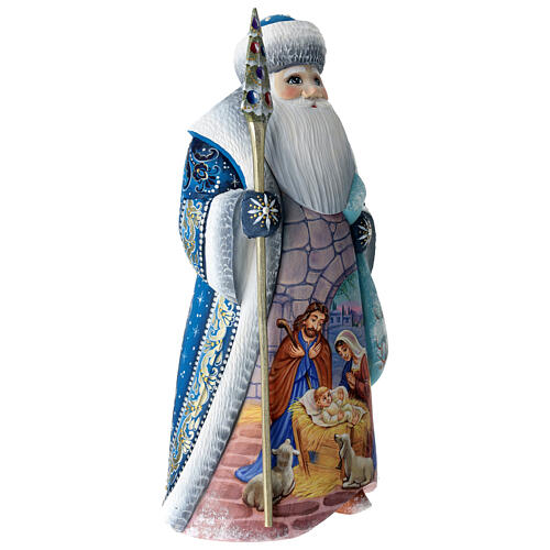 Blue Ded Moroz with Nativity Scene, carved wood, 12 in 3