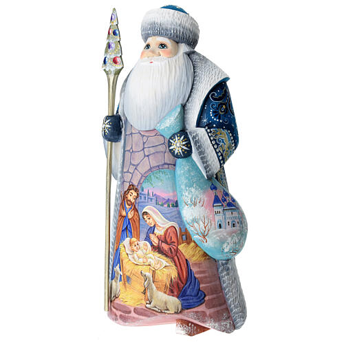 Blue Ded Moroz with Nativity Scene, carved wood, 12 in 4