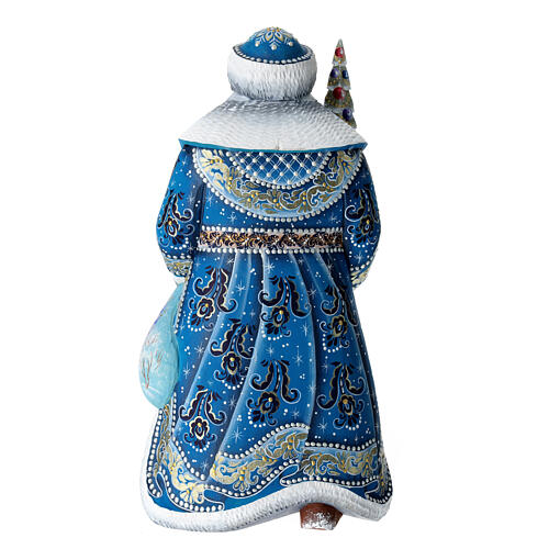 Blue Ded Moroz with Nativity Scene, carved wood, 12 in 5