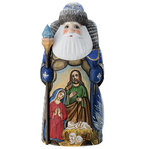 Großvater Frost mit blauem Mantel und einer Darstellung der Heiligen Familie, 19 cm 1