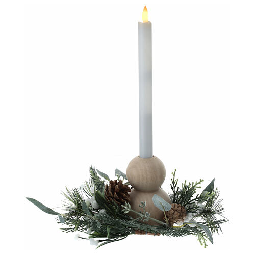 Portacandela 2 cm con candela led bianco caldo sfere in legno pigne abete 3
