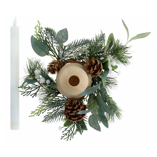 Portacandela 2 cm con candela led bianco caldo sfere in legno pigne abete 4