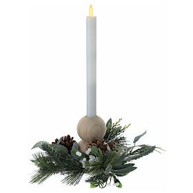 Castiçal natalino 2 cm com vela LED branco quente esferas de madeira pinhas abeto