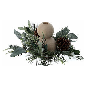 2 cm candle holder with warm white LED candle, wooden spheres pine cones