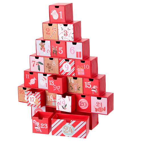 Adventskalender, stilisierter Weihnachtsbaum, mit kleinen Schubladen, Rot/Rosa, 40x10x45 cm 3