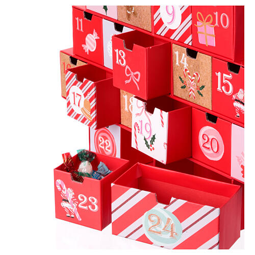 Kalendarz adwentowy czerwony, z szufladkami, 40x10x45 cm 2