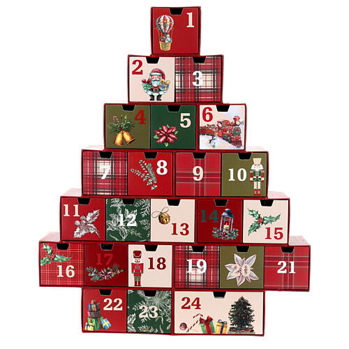 Adventskalender, stilisierter Weihnachtsbaum, mit kleinen Schubladen, Grün/Rot 1