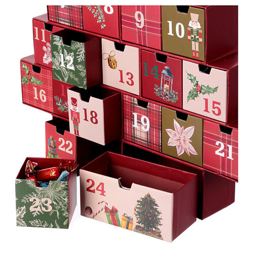 Adventskalender, stilisierter Weihnachtsbaum, mit kleinen Schubladen, Grün/Rot 2