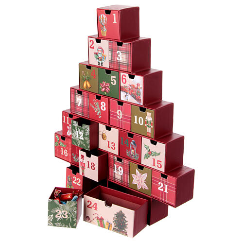 Adventskalender, stilisierter Weihnachtsbaum, mit kleinen Schubladen, Grün/Rot 3