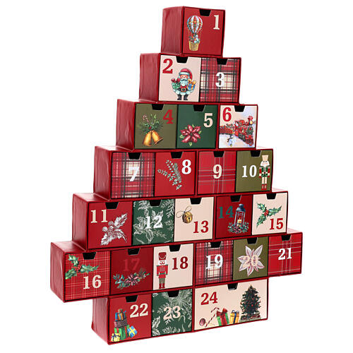 Adventskalender, stilisierter Weihnachtsbaum, mit kleinen Schubladen, Grün/Rot 4