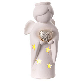 Porcelain angel with stars and golden heart, illuminated, 8 in
