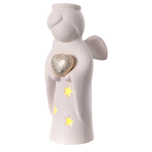 Porcelain angel with stars and golden heart, illuminated, 8 in 2