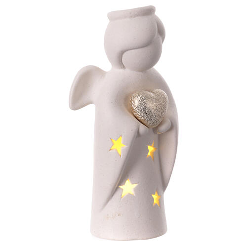 Porcelain angel with stars and golden heart, illuminated, 8 in 3