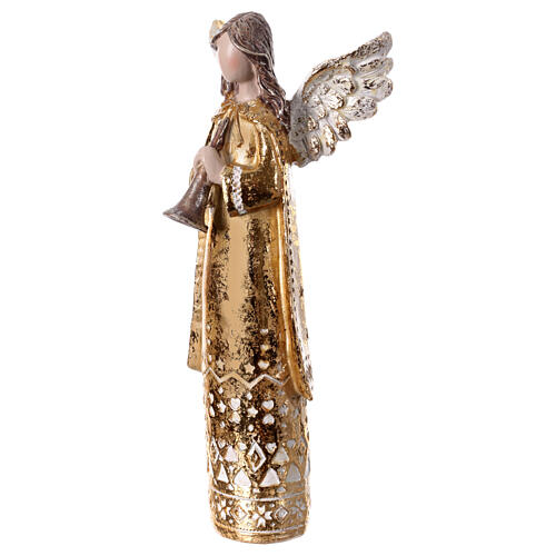 Golden stylised angel with trumpet, resin, 9 in 3
