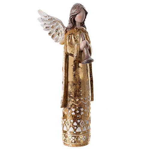 Golden stylised angel with trumpet, resin, 9 in 4